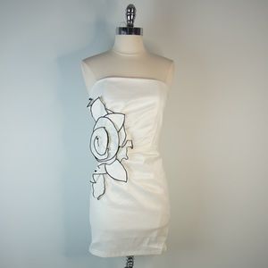 Cache White Strapless Dress with Black Floral Design